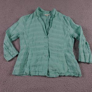 Eileen Fisher 100% Linen Blazer Womens Small Teal Lightweight Summer 3/4 Sleeve